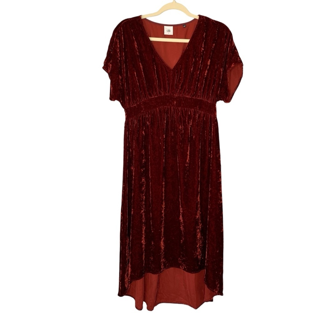 Cabi #3696 rust Empire Grace Tribute crushed velvet velour hi-low dress. Size S